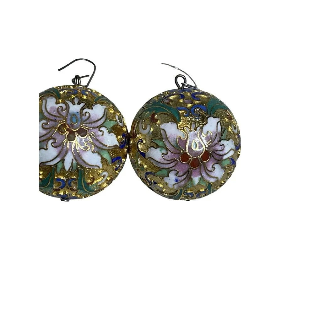 Lillian Vernon Cloisonné Ornaments Set of 3 Ball Gold Enamel Floral Vintage 1.5